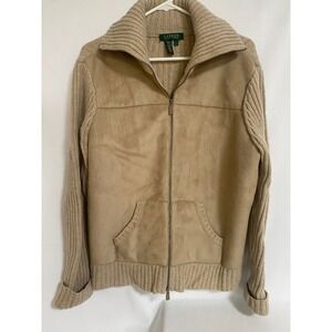 Lauren‎ Ralph Lauren Womens L Lambswool Blend Knit Faux Suede Full Zip Jacket